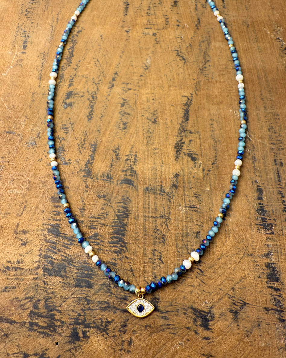 Ocean Guardian Necklace – Blue Beads & Evil Eye