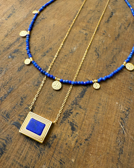 Azure Echo Necklace – lapis lazuli beaded necklace with hammered gold charms by Refla