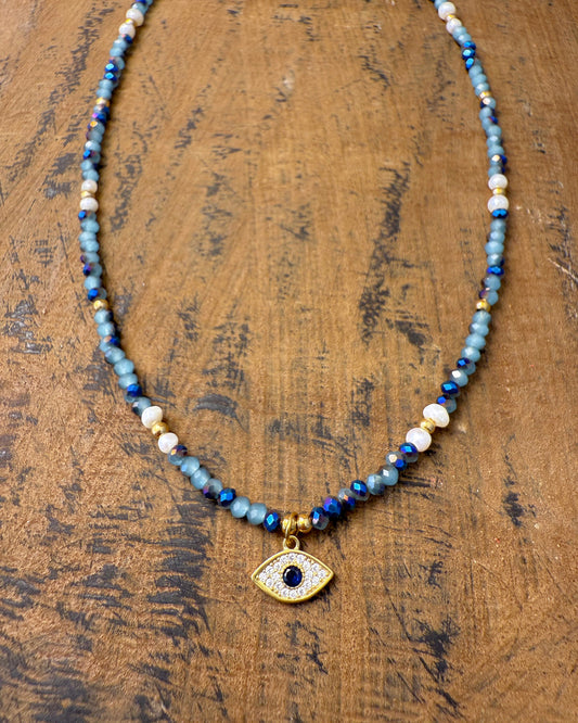 Ocean Guardian Necklace – Mediterranean blue bead and pearl necklace with gold evil eye charm by Refla