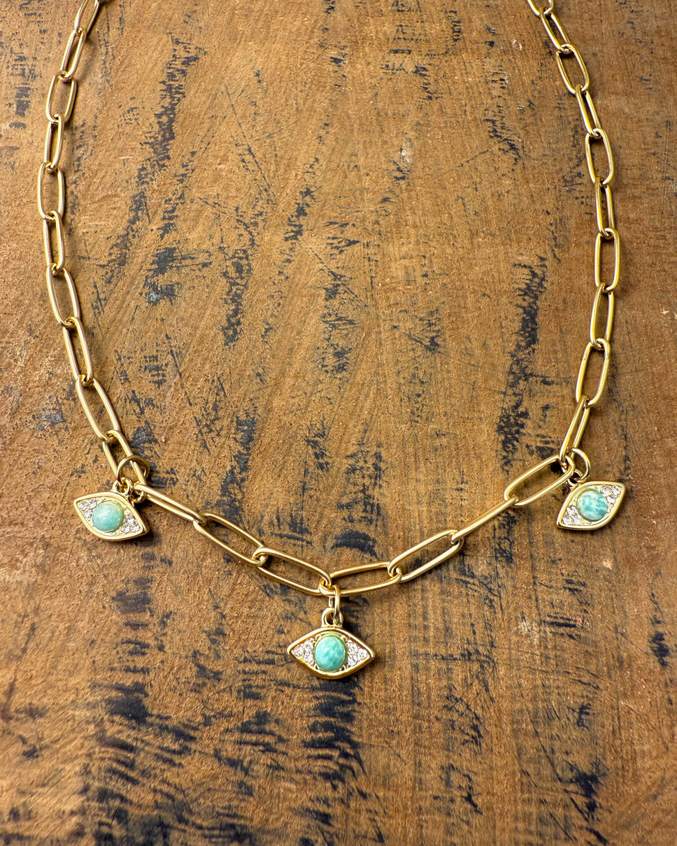 Triple Guardian Necklace – gold link chain with amazonite evil eye charms by Refla