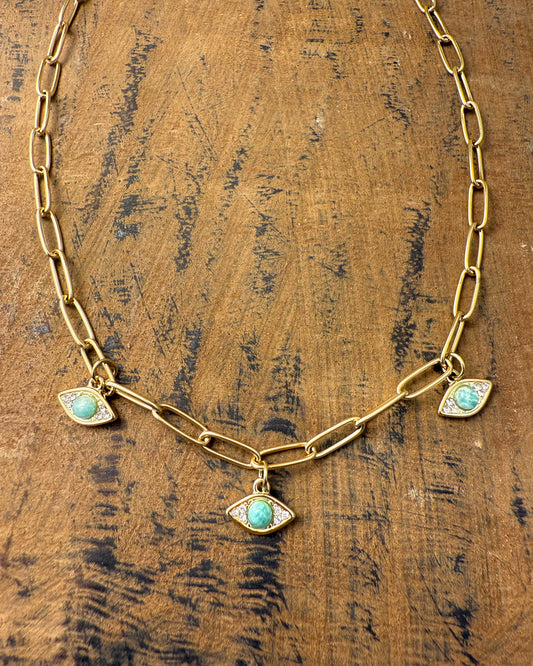 Triple Guardian Necklace – gold link chain with amazonite evil eye charms by Refla