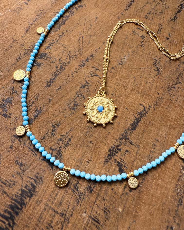 Ancient Coin Dance Necklace – Turquoise Beads & Gold Charms
