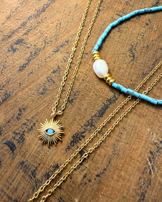 Mediterranean Spirit Duo – turquoise pearl necklace and evil eye blue bead necklace by Refla