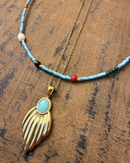 Golden Leaf Ray Necklace – Amazonite Center