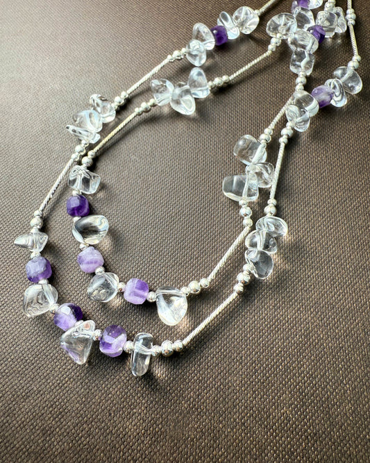 Moonlit Amethyst Necklace – clear quartz and amethyst beads with 925 sterling silver tube accents by Refla
