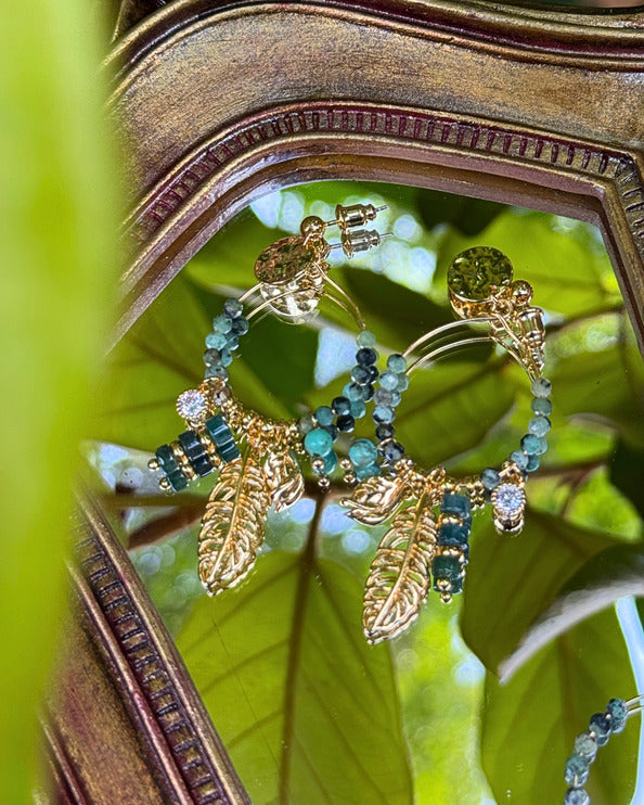 Dreamcatcher Feather Earrings – Gold & Green