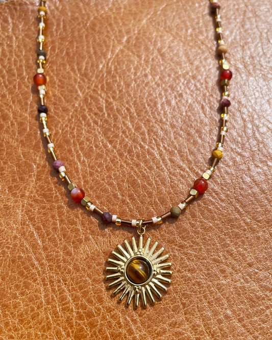 Beaded necklace with tiger’s eye sun pendant – Solar Totem Necklace by Refla